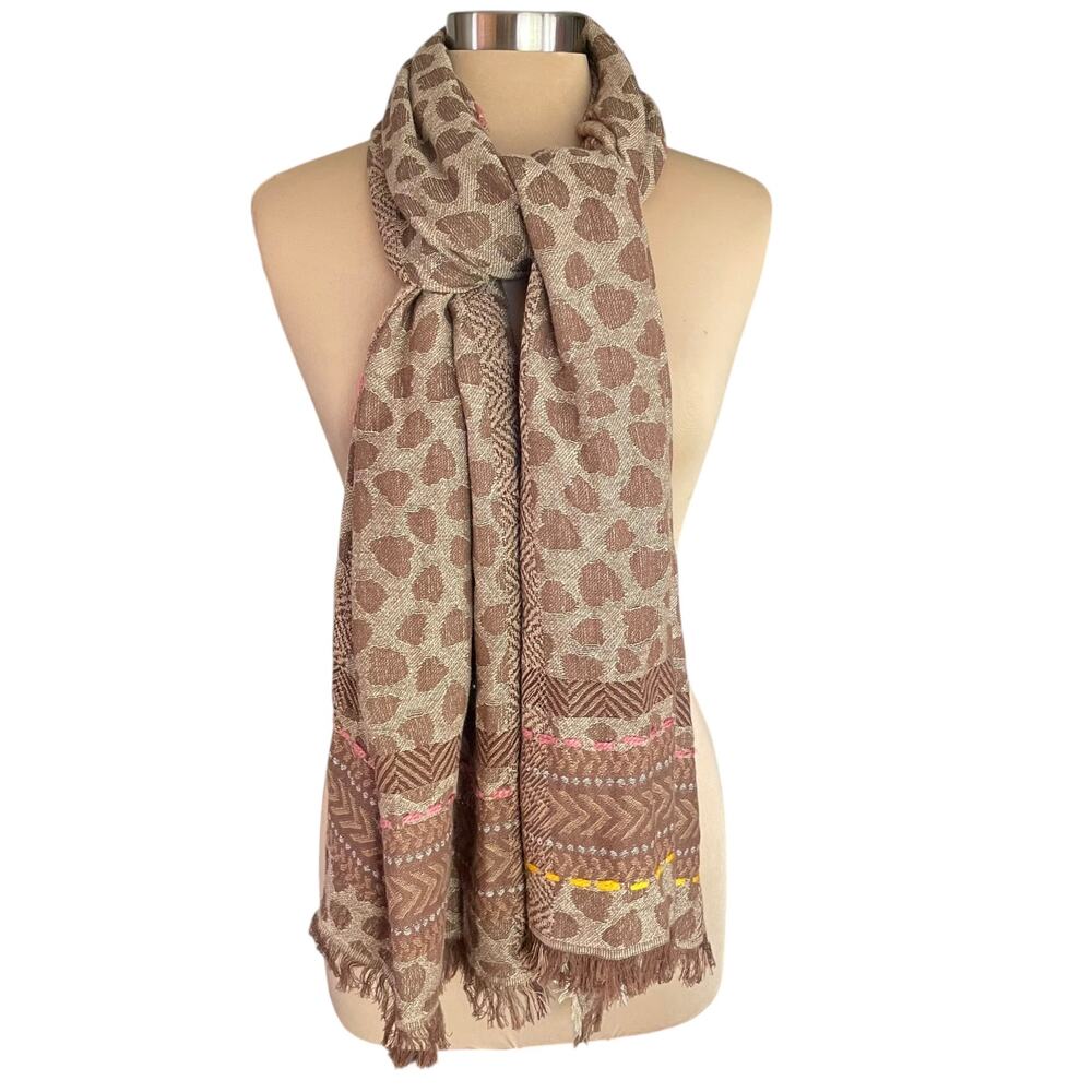 Codello Tan Heart Print Large Rectangular Scarf‎ 72" x 28" Neutral Fall Casual